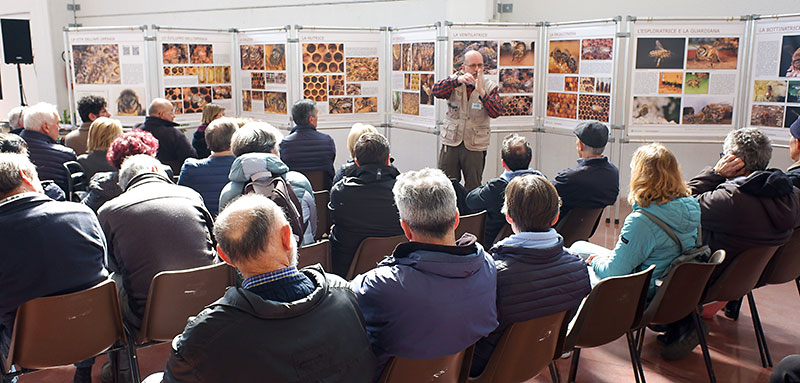 Paolo Fontana durante la sua lezione, sullo sfondo le foto del percorso fotografico "La vita dell'ape operaia".