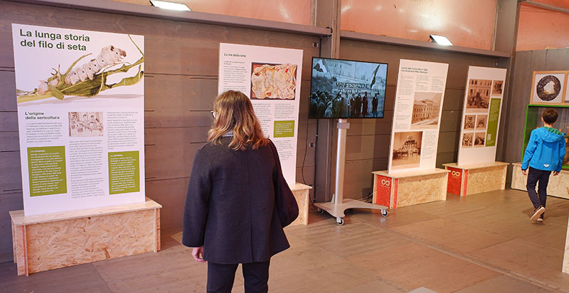 La mostra sul baco da seta esposta in piazza duomo a Trento.